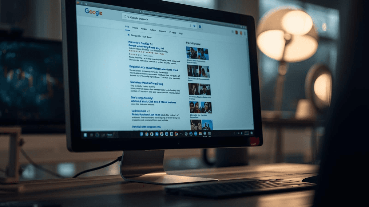 パソコンのモニターに表示されたGoogle検索結果の画面。SEO対策によって検索上位に表示されている店舗サイトのイメージ。