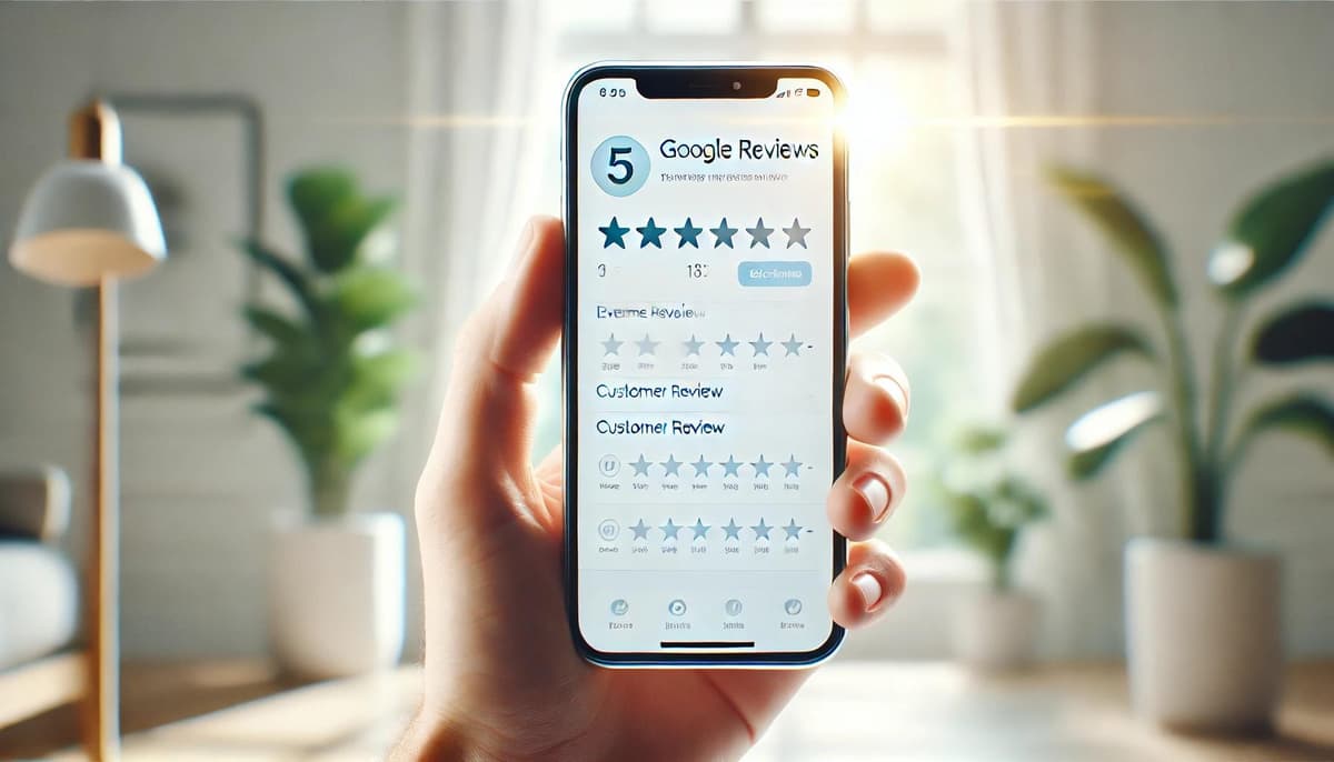 スマートフォンに表示されたGoogleの星5つのレビュー画面。店舗の口コミ対策のイメージ。