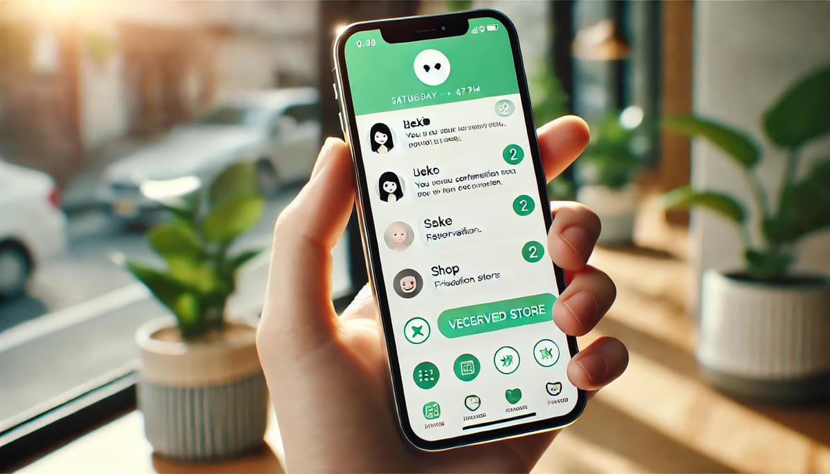 スマートフォンに表示されたLINE公式アカウントからのメッセージ画面。店舗の再来店促進施策のイメージ。