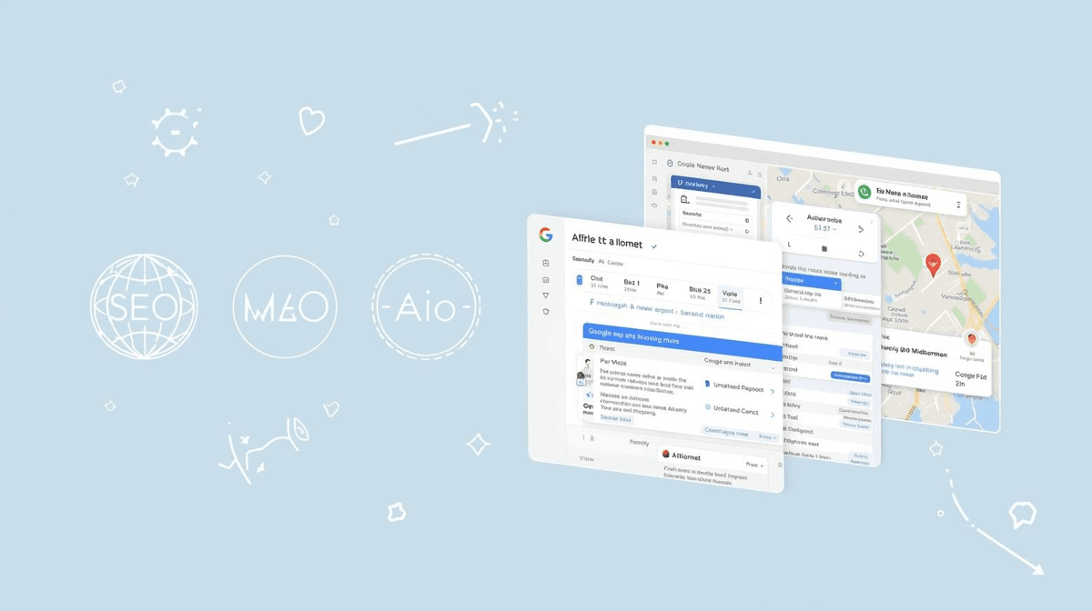 SEO・MEO・AIO・LLMOの4つのデジタル集客施策を示す図。店舗集客の全体戦略のイメージ。